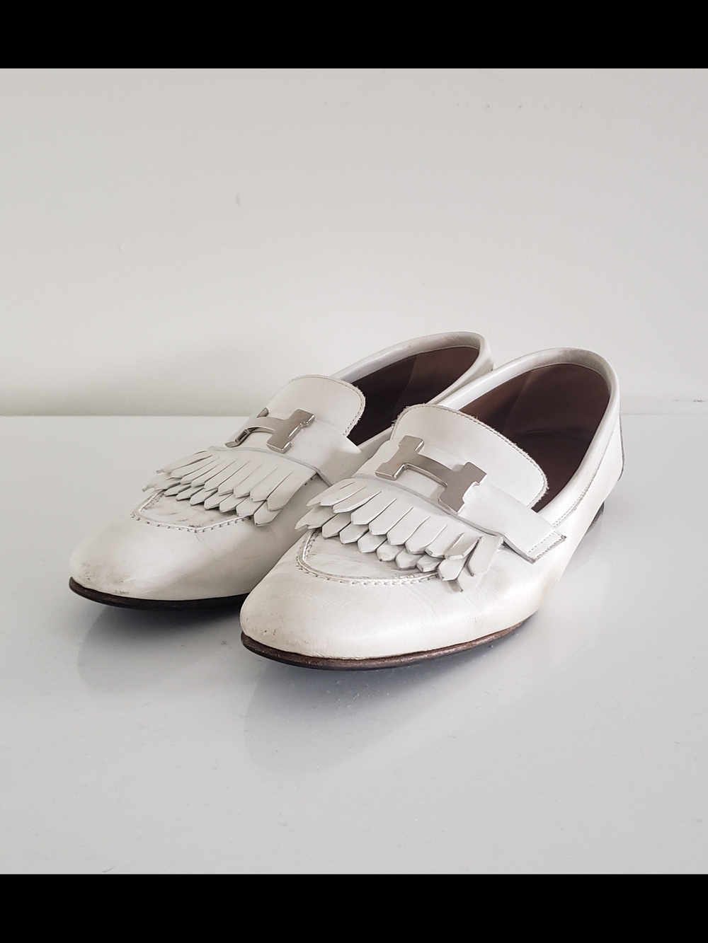 Hermes Royal White Leather Fringe Loafers with Signature H Buckle  Accent